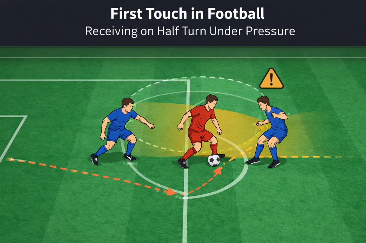 first touch in football directional control away from defender tactical diagram