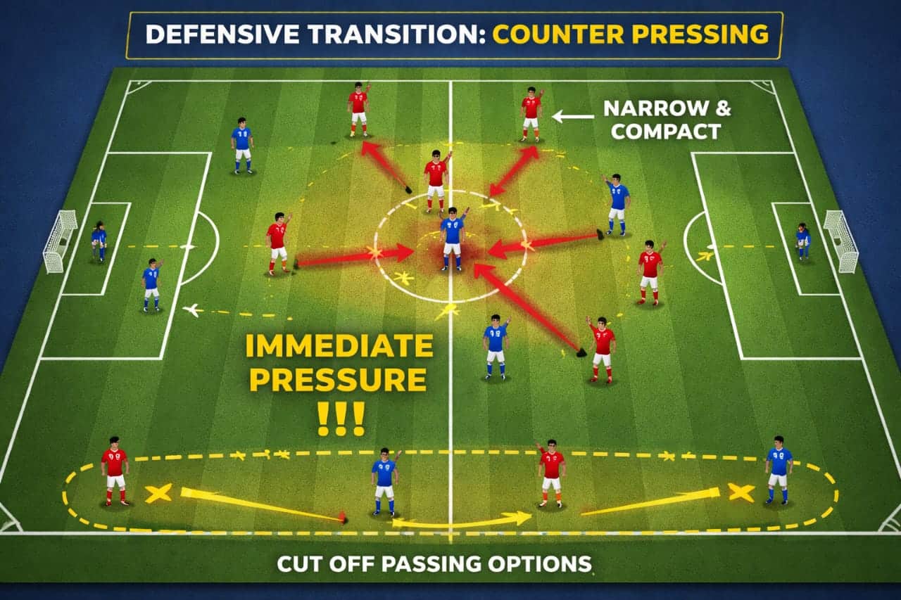 Defensive transitions in football counter pressing immediate pressure diagram