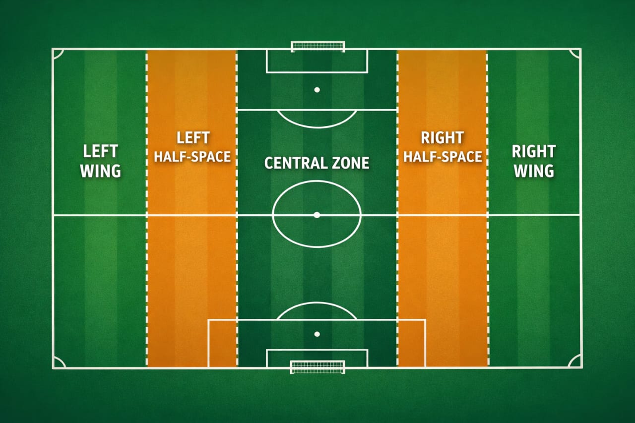 Half-spaces in football diagram showing pitch zones left and right half-space explanation