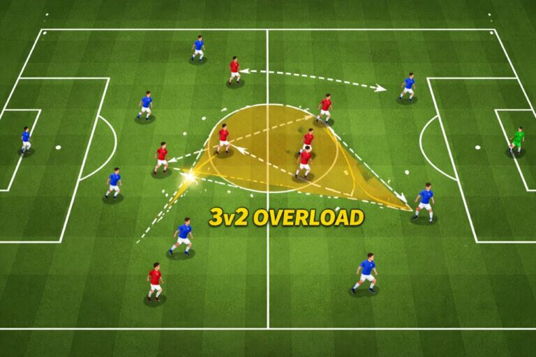 Overloads in Football: How Teams Create Numerical Advantages 33 Overloads in football tactical diagram showing numerical superiority in midfield 3v2