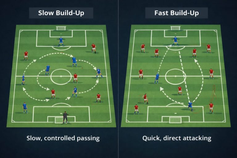 tempo control in football slow vs fast build-up tactical diagram