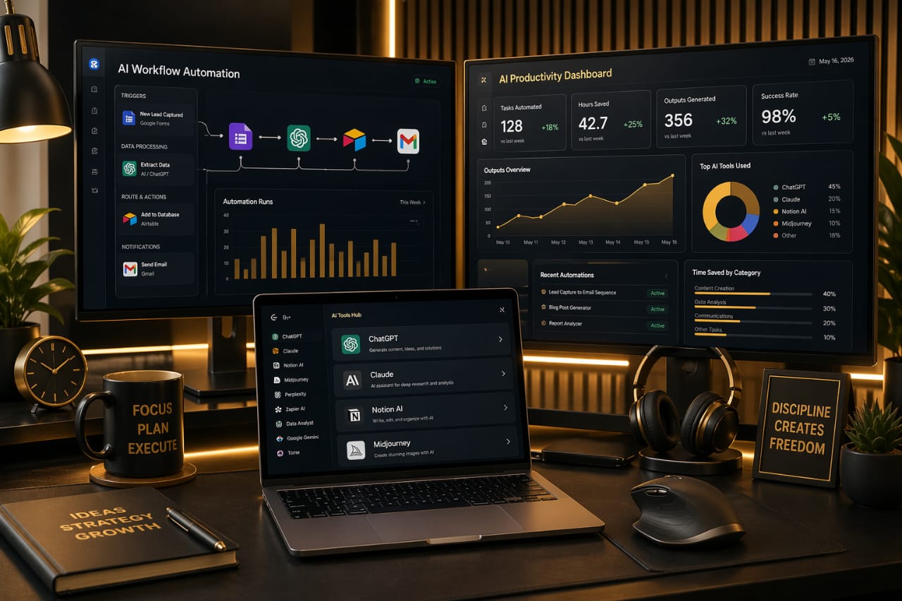 high income AI tools for remote jobs workflow automation dashboard digital workspace productivity gold professional setup