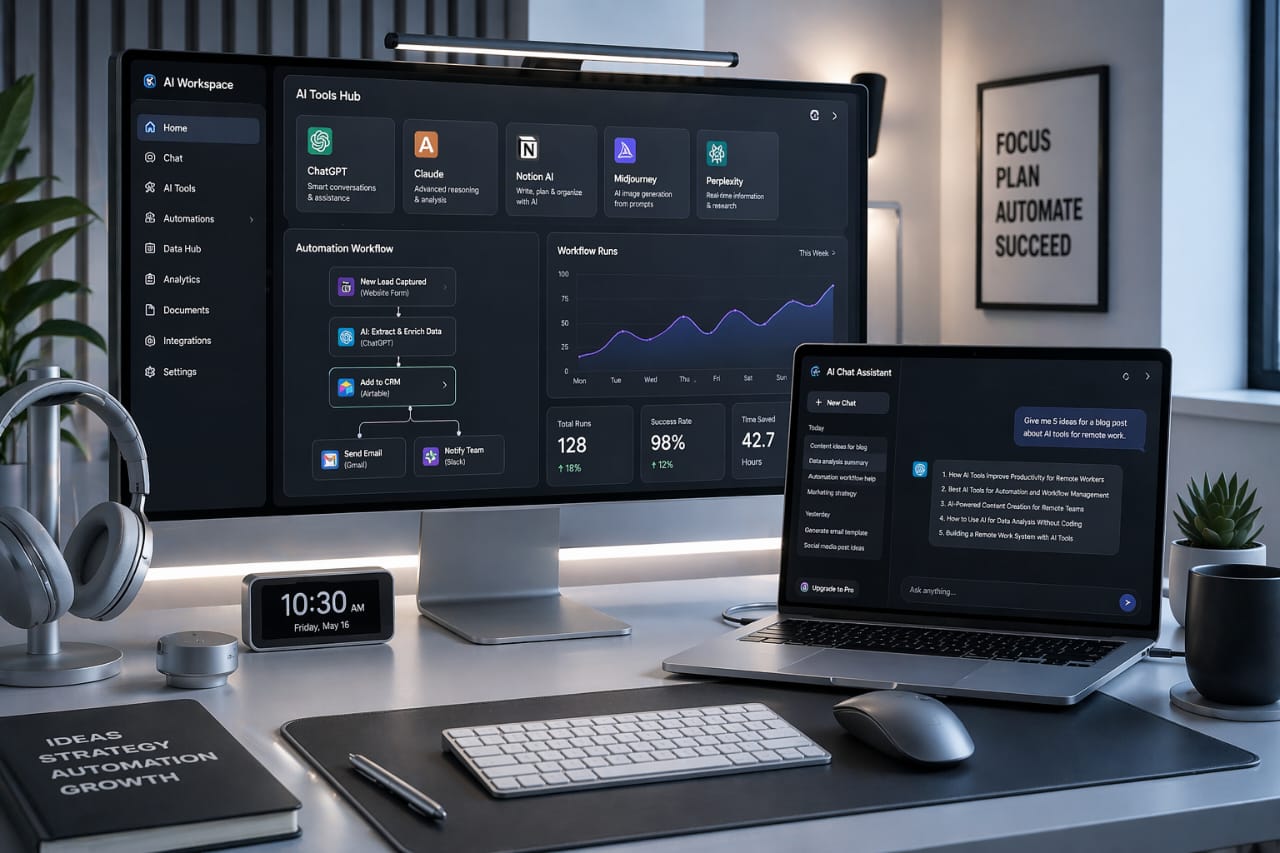 artificial intelligence tools automation interface chatbot data workflow remote work clean silver modern tech environment