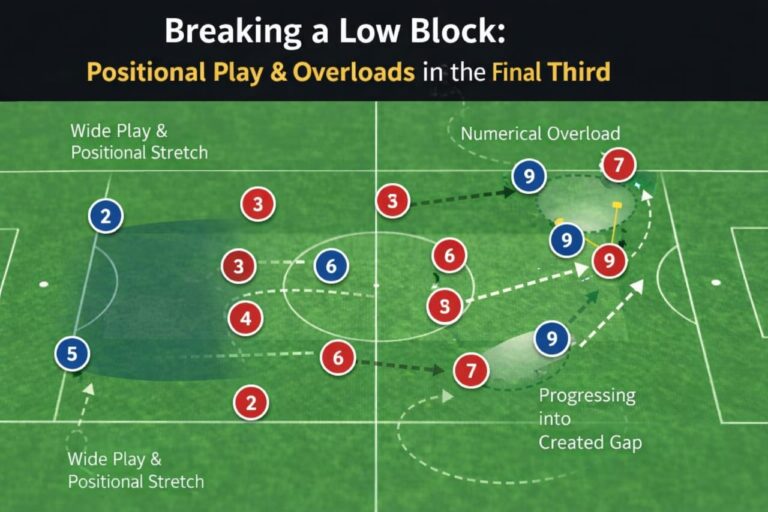breaking low block in football positional play overload final third diagram