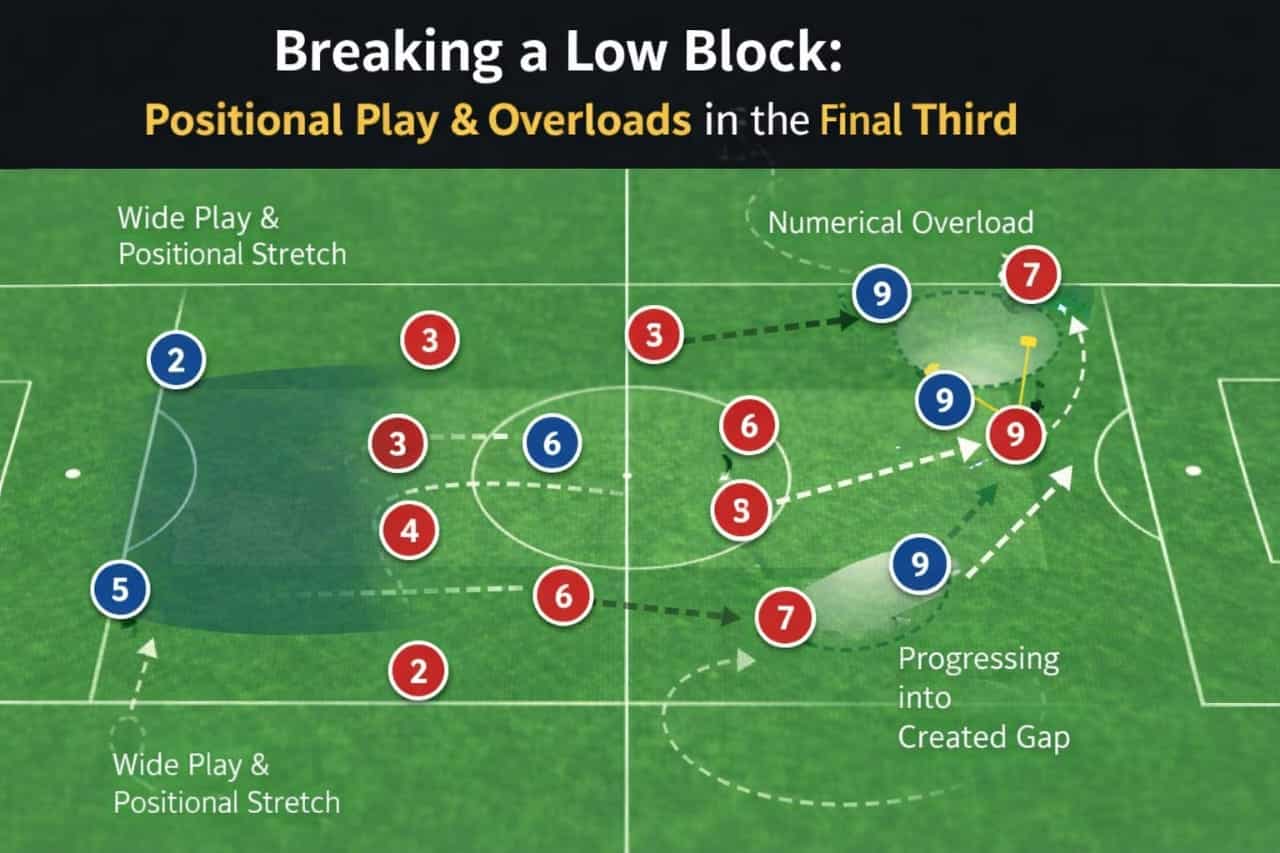 breaking low block in football positional play overload final third diagram