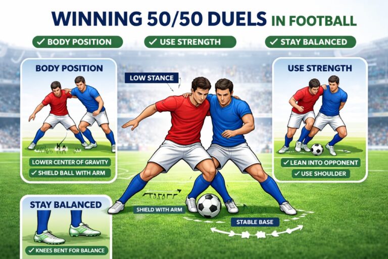 How to Win 50/50 Duels in Football (Strength, Timing and Positioning) 1 how to win 50/50 duels in football body positioning timing strength diagram
