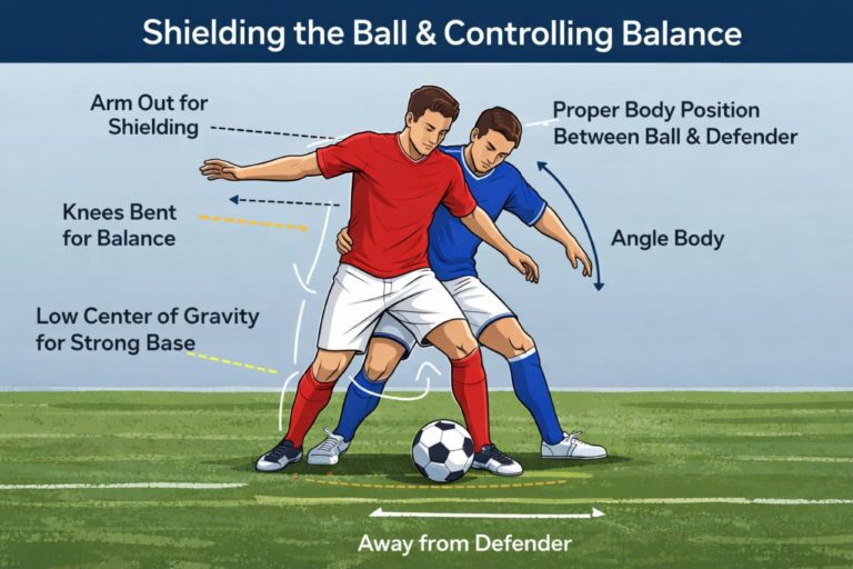 How to Shield the Ball in Football (Protect Possession Like a Pro) 1 how to shield the ball in football body position balance control diagram