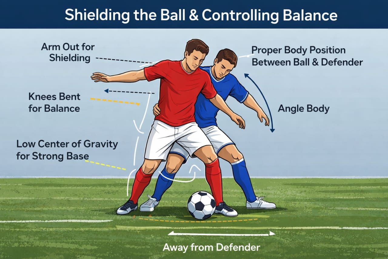 how to shield the ball in football body position balance control diagram