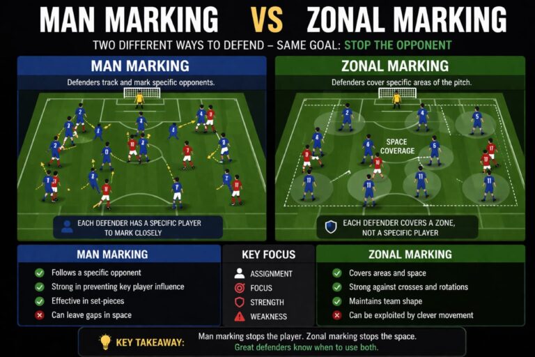 How to Mark an Opponent in Football (Tight Marking vs Zonal Marking Explained) 25 how to mark an opponent in football tight marking 1v1 defensive pressure body position diagram