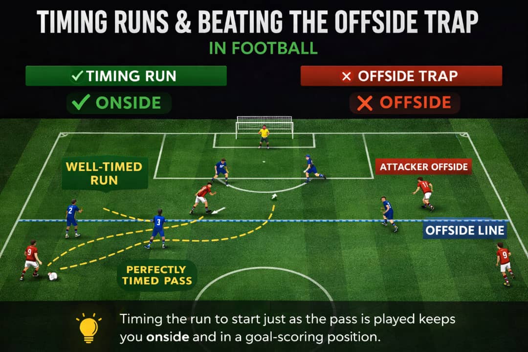 how to stay onside in football timing runs beating offside trap diagram